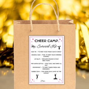 May include: A brown paper gift bag with a white label that reads "CHEER CAMP Survival Kit." The label lists items like a hair tie, granola bar, lip balm, mini water bottle, peppermint, and bubble gum. The bag has a gold background.