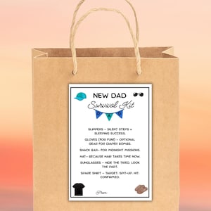 May include: A brown paper gift bag with a white label that reads "NEW DAD Survival Kit." The label includes illustrations of a baseball cap, sunglasses, and a banner. The text lists items like slippers, gloves, a snack bar, a hat, sunglasses, and a spare shirt.