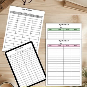 Puede incluir: Una colección de hojas de registro de salida en varios colores, incluyendo blanco, verde y rosa. Las hojas tienen un diseño de cuadrícula con columnas para nombre, hora de entrada, hora de salida y motivo. También hay una tableta que muestra una hoja de registro de salida. La imagen incluye el texto "4 COLOR CHOICES".