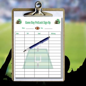 May include: A printable sign-up sheet for a game day potluck. The sign-up sheet has a football field graphic and spaces for people to write their names, cell phone numbers, email addresses, and what they will bring.