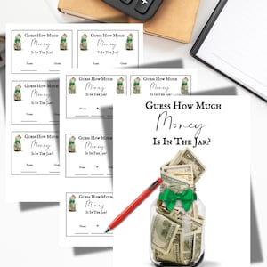 Juego de adivinanzas de dinero, letrero para rifa de frasco de efectivo, juego de adivinanzas de dinero, desafío imprimible de cantidad en dólares, tarjetas y letrero para adivinar el efectivo para eventos