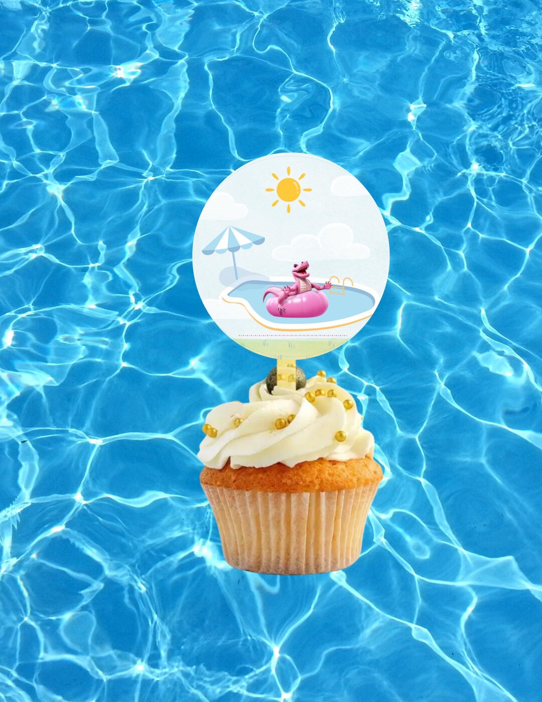Summer Pool Themed Cupcake Toppers, Summer Alligator at the Pool Party ...