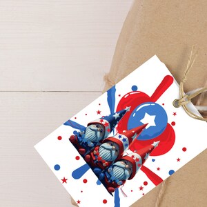 Étiquettes imprimables de gnomes patriotiques, étiquette de traitement du 4 juillet, étiquettes de casse-croûte, de goody et de cierge magique, étiquettes de faveur rouges blanches et bleues, étiquettes de cadeau de jour de l'indépendance