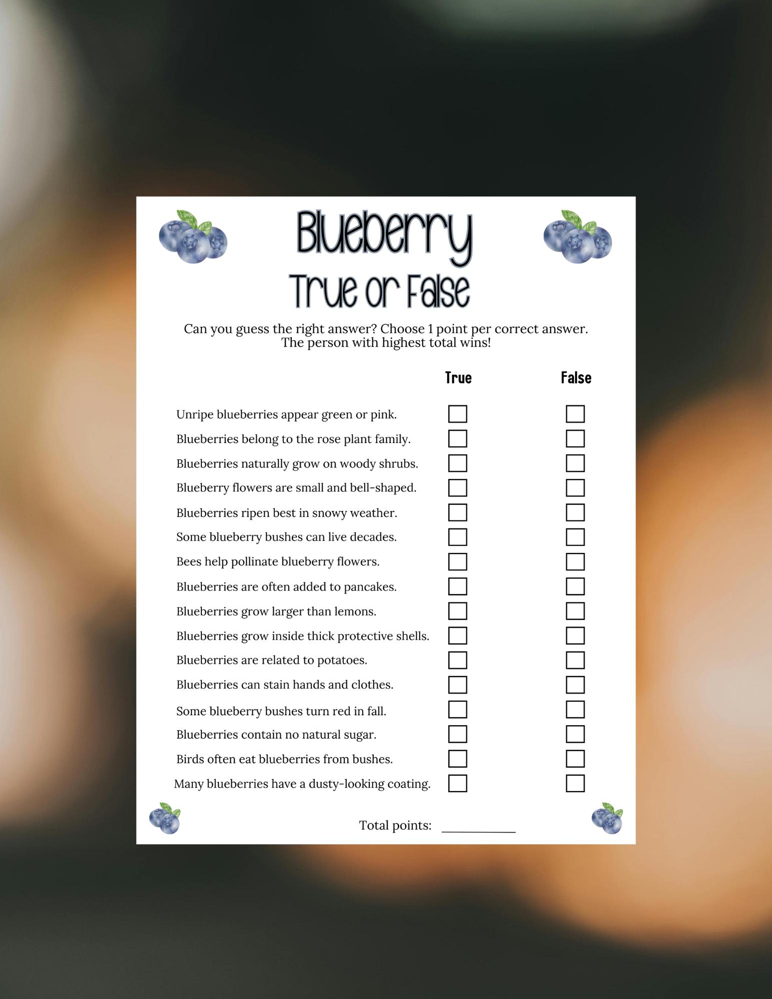 Blueberry Trivia Game Printable, Blueberry Trivia Quiz Game, Blueberry ...