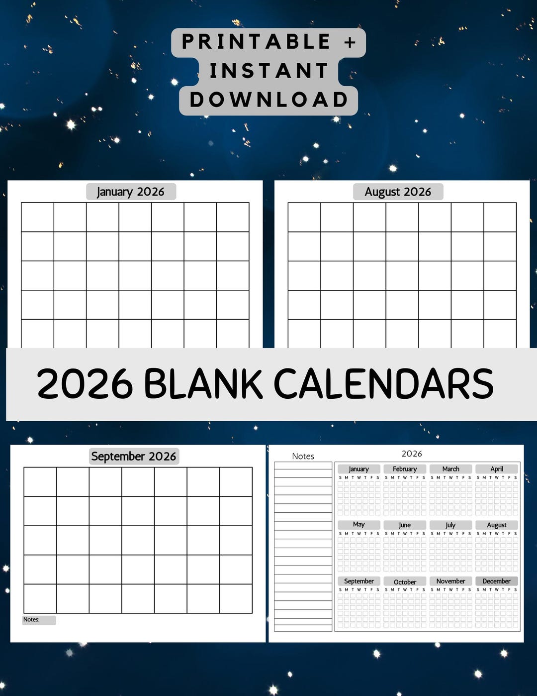 2026 Monthly Calendar Printable,simple Minimalist Blank 2026 Calendar