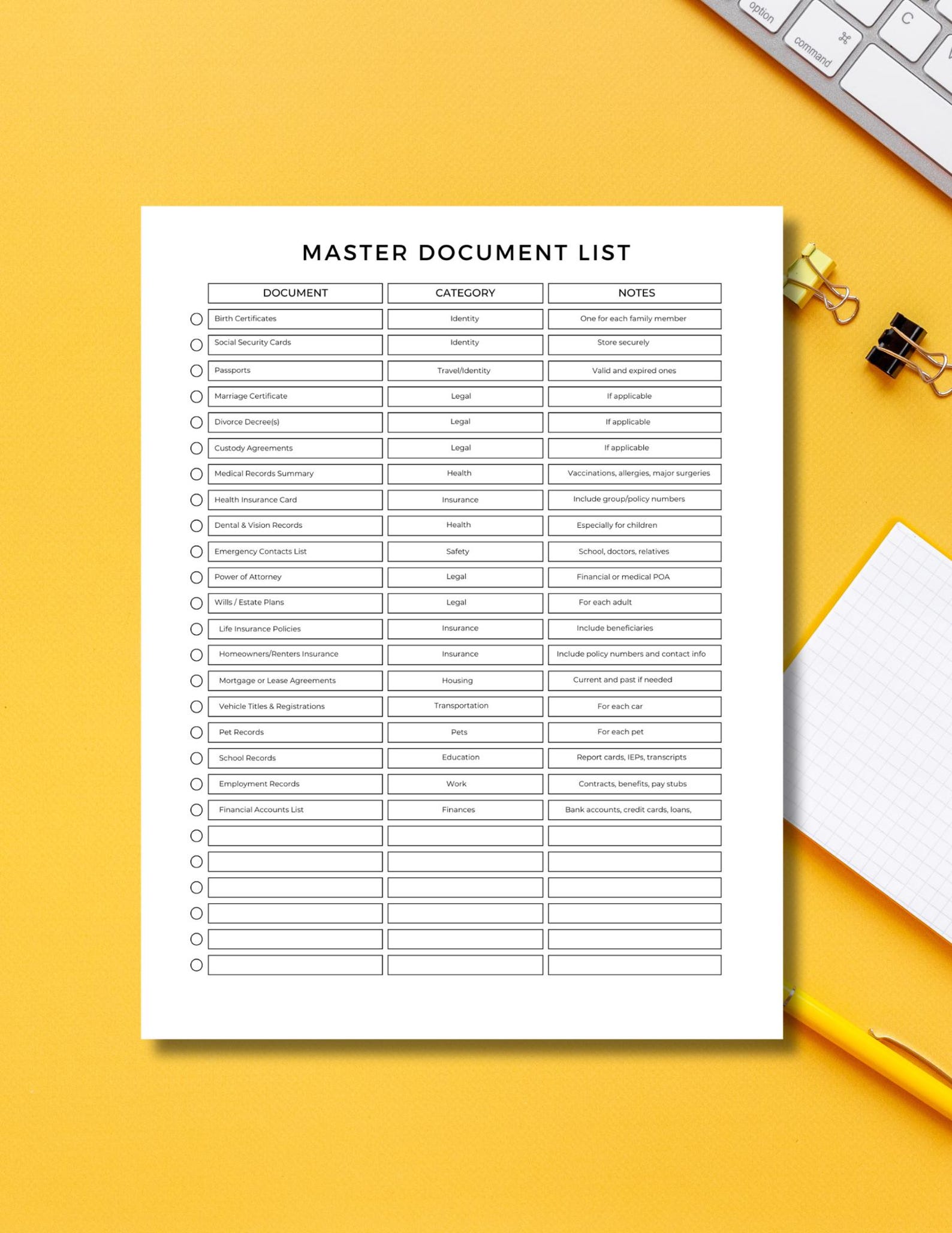 Ultimate Master Document List for Home & Family,organize Legal, Medical ...