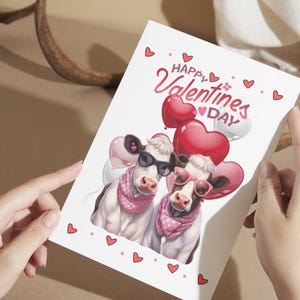 Tarjeta de San Valentín con temática de vaca, tarjeta de San Valentín con vacas rosas con gafas de sol, linda tarjeta de vaca para un feliz día de San Valentín, vacas campestres para el día de San Valentín