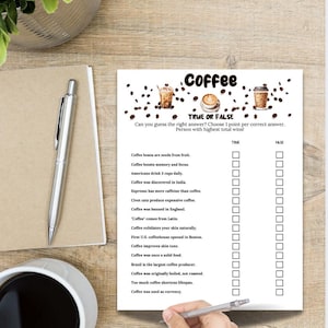 Coffee Trivia Game,True or False Party Game, Coffee themed game, coffee lovers trivia, coffee  Party activity, and Coffee Fact Enthusiasts