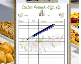 Peut inclure: Une feuille de papier imprimable pour s'inscrire à un potluck de Pâques avec une bordure florale verte et blanche. La feuille comporte des colonnes pour le nom, le téléphone, l'e-mail et ce que vous apporterez. Il y a une illustration de lapin et de gnome en haut.