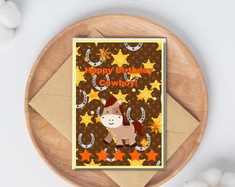 Cartão de aniversário de cowboy, Feliz aniversário, pequeno cowboy! Cartão de aniversário com tema de cowboy, cavalo, faroeste, cartão de aniversário de faroeste, aniversário de faroeste