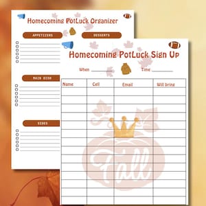 Homecoming Potluck Sign-Up Sheet: Printable Meal Organizer (PDF Download), homecoming potluck sign up sheet, Homecoming dance cook out