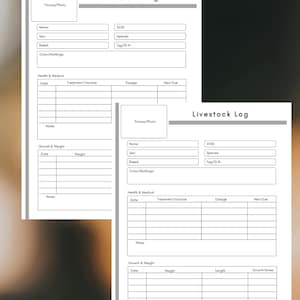 May include: Two white "Livestock Log" sheets with black text. Each sheet has sections for name, sex, breed, health, and growth records. Includes space for a picture or photo. The sheets are designed for tracking livestock information.