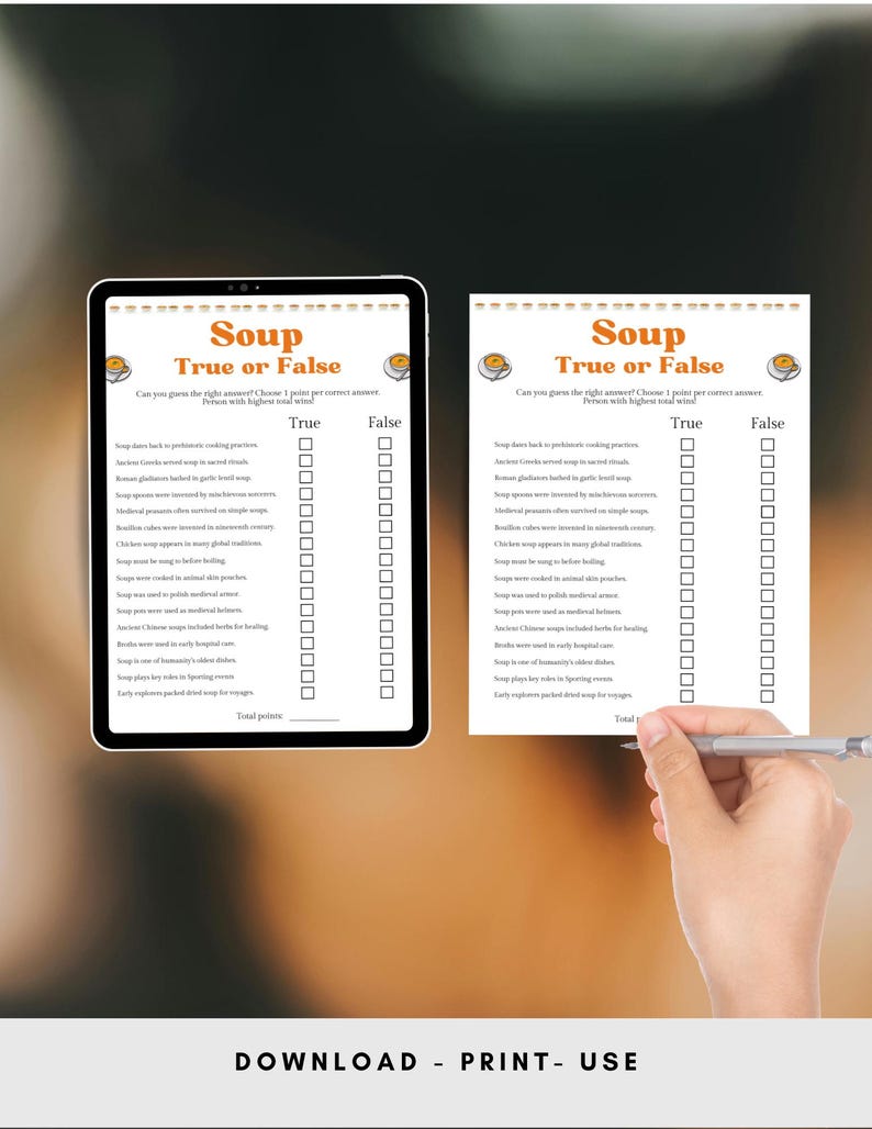 True False Options Soup Trivia Game Printable,fun True or False Questions About Soups ...