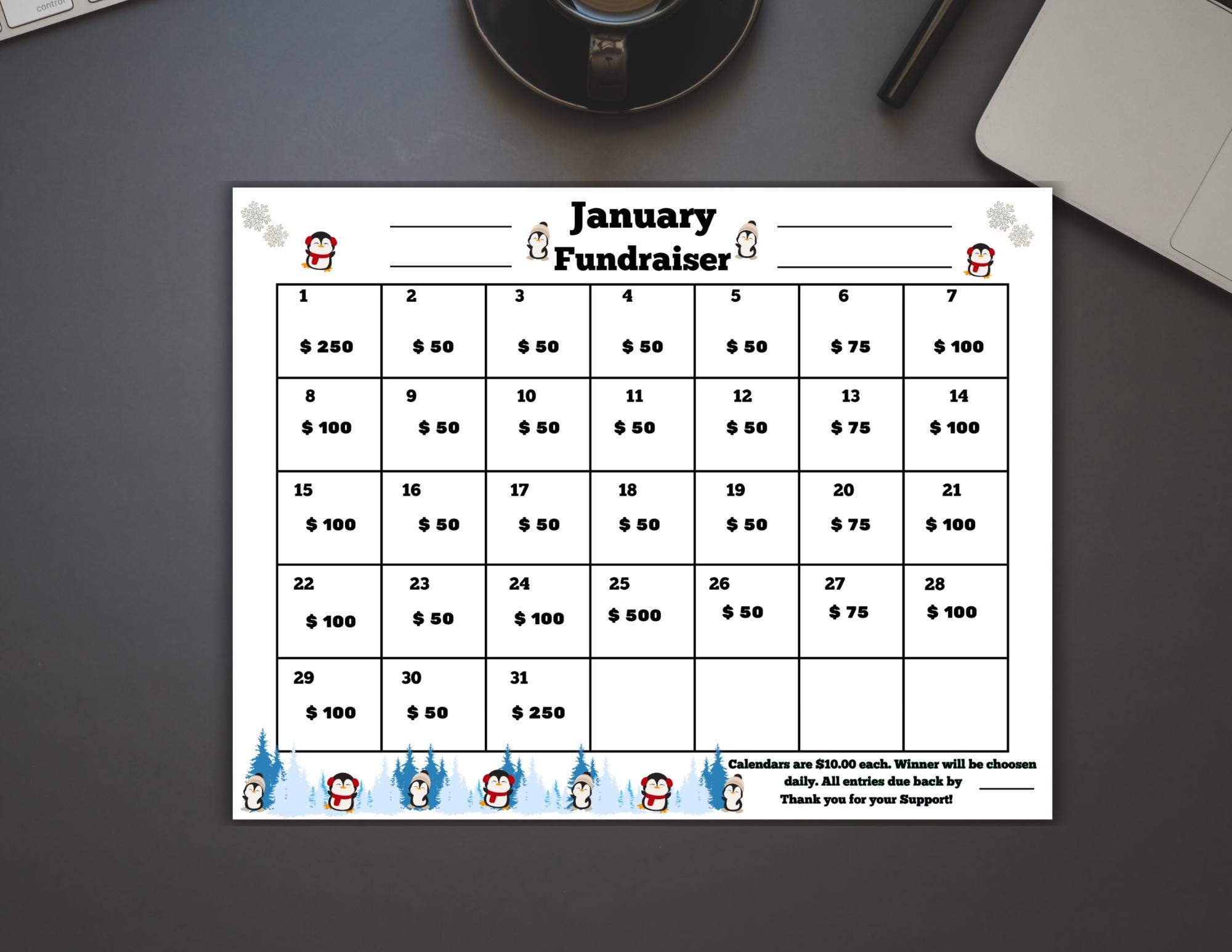 January Cash Calendar Raffle, Monthly Cash Calendar Raffle, January ...