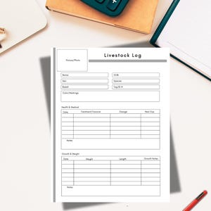 May include: A white "Livestock Log" form with sections for animal details, health records, and growth tracking. A green calculator, a notebook, and a red pen are on the white surface.