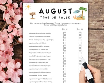 August True or False Trivia Game,August quiz,Summer Monthly Trivia Game, Summer Party Game, Summer Family Game, Summertime Party Printable,