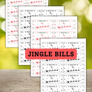 May include: A collection of festive "Jingle Bills" in different values. The bills display a Santa's sleigh illustration with snowflakes and the words "JINGLE BILLS". The bills are printed in red and black on white paper.