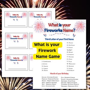 Firework Name Generator Game: Printable Party Activity, July 4th name game, Fireworks party game, fireworks/summer party game