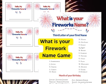 Firework Name Generator Game: Printable Party Activity, July 4th name game, Fireworks party game, fireworks/summer party game