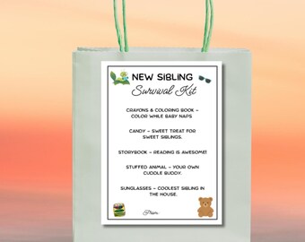New Sibling Survival Kit for New Sibling, new Sibling  survival kit gift tags, Gift tag for Sibling,Gift for new Sibling, older Sibling gift