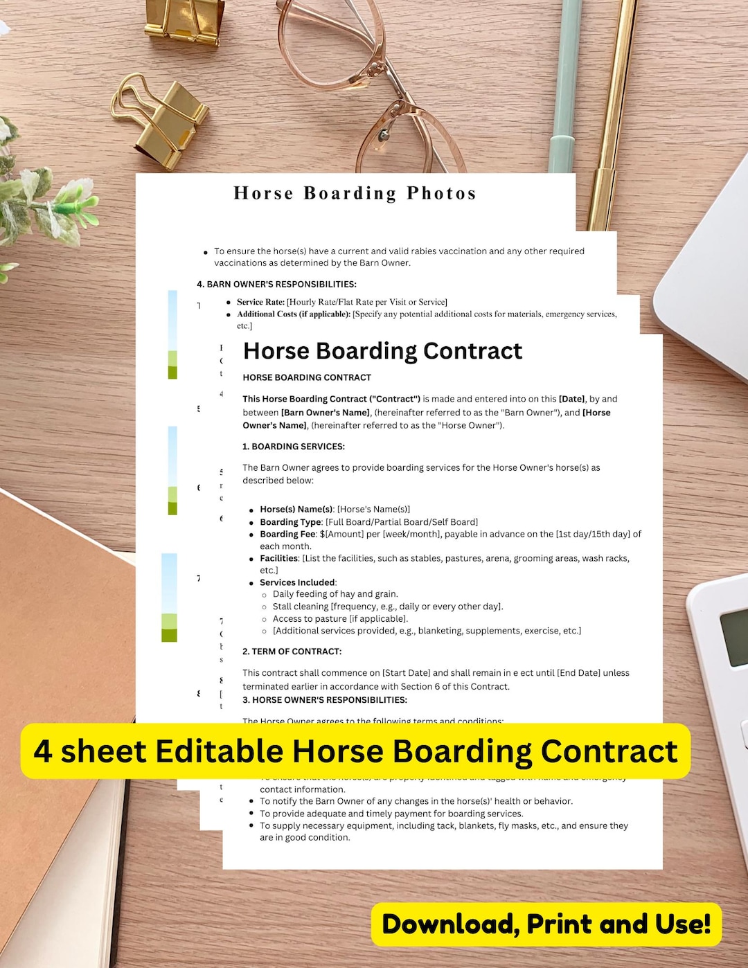 Editable Horse Boarding Contract Template,equine Boarding Agreement