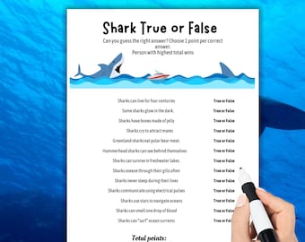 Juego de preguntas y respuestas sobre tiburones (verdadero o falso), cuestionario sobre tiburones, actividad sobre tiburones para niños y adultos, fiesta de tiburones, actividad para fiesta de cumpleaños con temática de tiburones, imprimible sobre tiburones.