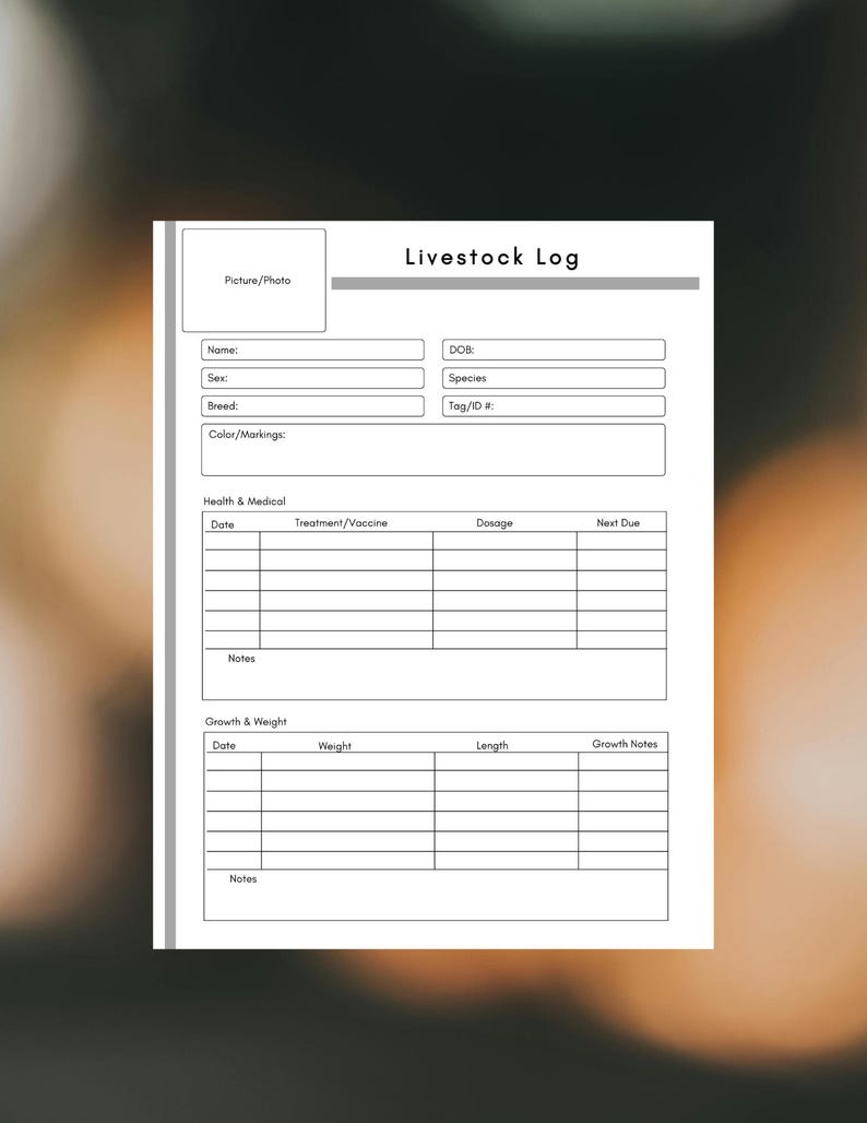 Livestock Log,Farm Animal Health & Care Records, Printable Homestead Livestock Tracker Sheet,Animal Record Keeping,Livestock  Record Sheet