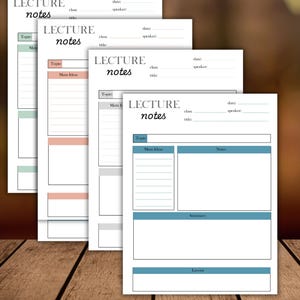 May include: A stack of lecture notes pages with a white background and blue, peach, and green accents. The pages have sections for topics, main ideas, and notes. The text "Lecture Notes" is at the top of each page. The image also includes the text "What is included" and "4 page download".