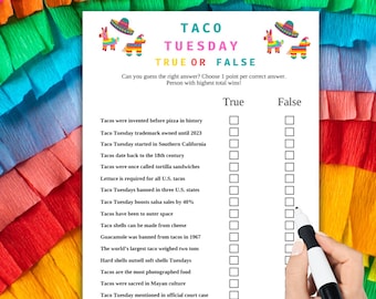 Taco Tuesday Trivia Game: True or False Family Fun,Taco Tuesday Quiz Printable,Taco Tuesday Party activity, Fiesta theme party game