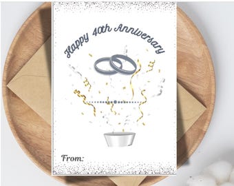 Porta tarjetas de regalo imprimible para el 40.º aniversario, porta tarjetas de regalo de feliz aniversario, para celebrar un matrimonio o una fiesta o evento del 40.º aniversario.