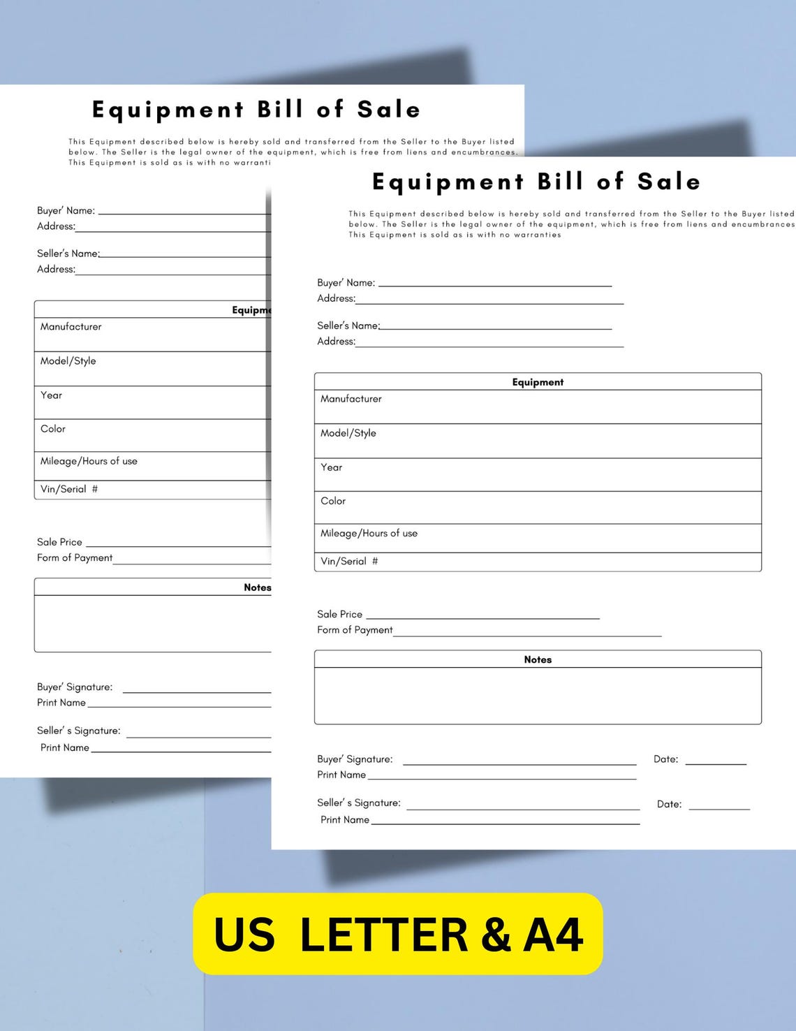Equipment Bill of Sale, Printable Equipment Sale Contract, Sale