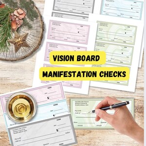 May include: A collection of colorful manifestation checks with the text "VISION BOARD MANIFESTATION CHECKS." The checks are in various pastel colors, with a hand holding a pen over one. The text "THESE ARE NOT REALLY CHECK AND CAN NOT BE CASHED FOR MONEY" is also visible.