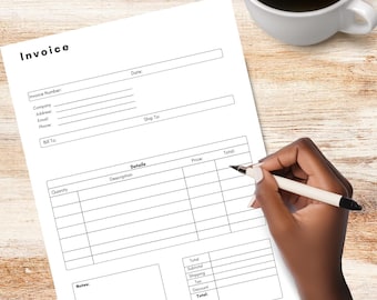 May include: A blank invoice form with fields for invoice number, company, address, email, phone, bill to, date, ship to, quantity, description, price, total, subtotal, shipping, tax, discount, and notes.