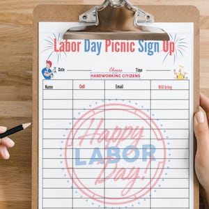 Op de afbeelding: Een wit clipboard met een inschrijfformulier voor een Labor Day picknick. Het clipboard heeft een rood, wit en blauwe afbeelding met de tekst "Labor Day Picnic Sign Up" en "Happy Labor Day!" Het blad heeft kolommen voor datum, naam, telefoon, e-mail en wat je meebrengt.
