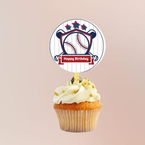 誕生日おめでとうの野球カップケーキのトッパー、野球カップケーキのステッカーとデザートのデコレーション、誕生日おめでとうの野球カップケーキ
