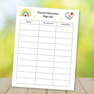 Folha de inscrição para pais voluntários: formulário para impressão em sala de aula, inscrição para pais em sala de aula, inscrição para mães em sala de aula, formulário de inscrição para pais voluntários na escola