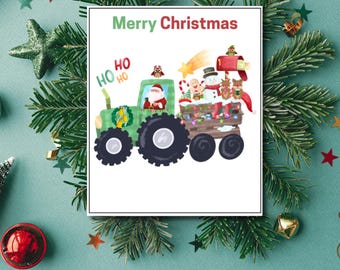Santa Tractor Christmas Card, Country Christmas Greeting, Farm Holiday Santa card,Kids Christmas Card,Santa Driving Tractor Holiday Greeting