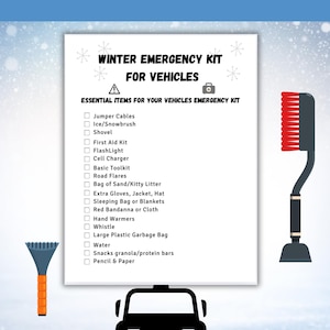 May include: A graphic with the text "BE PREPARED FOR WINTER DRIVING" and a list of essential items for a vehicle's winter emergency kit. Includes a snow brush, ice scraper, and a car silhouette.