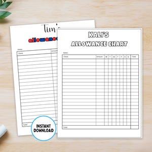 May include: Two printable allowance charts, one labeled "Tim's Allowance" and the other "Kali's Allowance Chart." Both charts have sections for dates, chores, and amounts. The "Tim's Allowance" chart has a blue, red, and yellow color scheme. The "Kali's Allowance Chart" is in black and white.