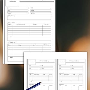May include: A printable livestock log, featuring sections for animal details and health records. The log includes fields for date, treatment, dosage, and growth notes. The text "PRINTABLE + INSTANT DOWNLOAD" is at the top.