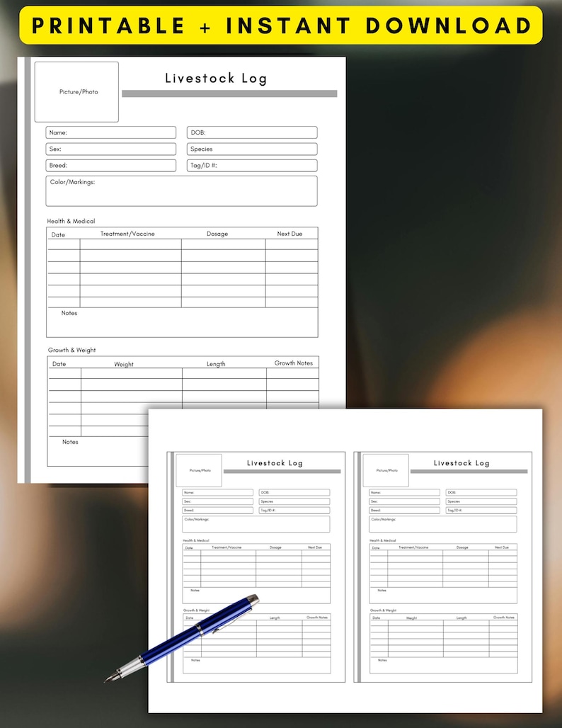 May include: A printable livestock log, featuring sections for animal details and health records. The log includes fields for date, treatment, dosage, and growth notes. The text "PRINTABLE + INSTANT DOWNLOAD" is at the top.