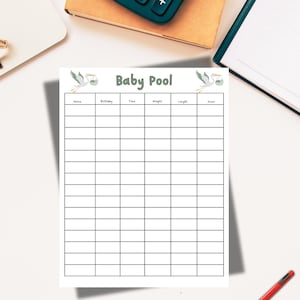 May include: A Baby Pool sheet with a grid for recording baby predictions. The sheet has sections for name, birthday, time, weight, length, and score. A red pen, calculator, and notebook are also visible. Measurements are in cm and grams.