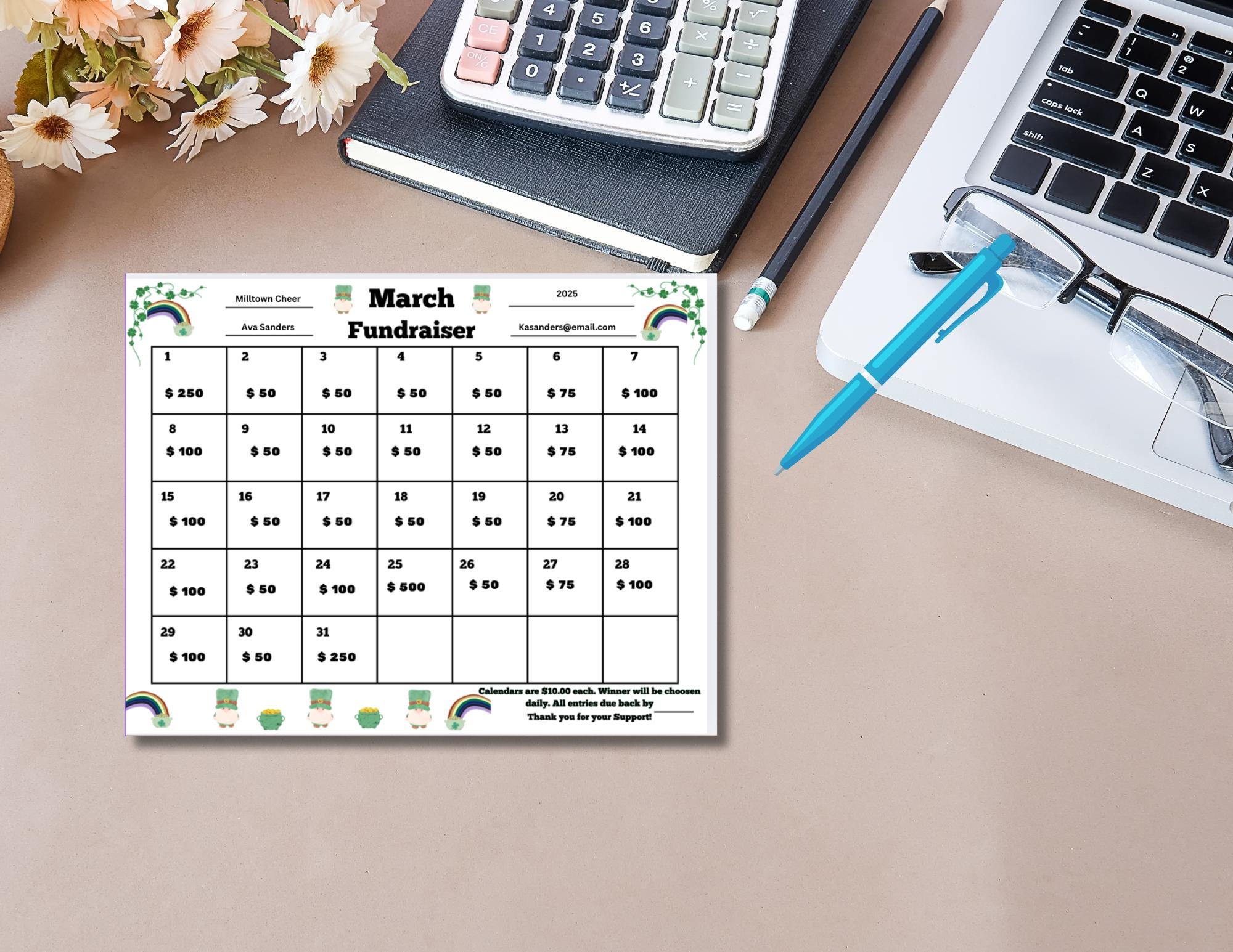 Printable March Cash Calendar Raffle: Sports & Dance Fundraiser (PDF ...