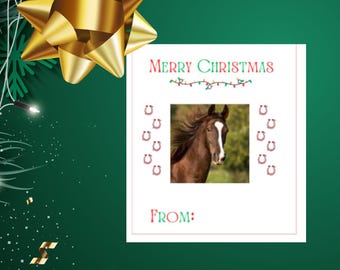 Horse Merry Christmas Tag, personalized horse present tag:editable photo favor tag,xmas,treat bag tag, holiday gift tag from your horse