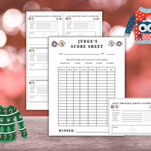 Ugly Sweater Contest, Judge Score Sheets & Cards, Holiday Sweater Competition Scoring Templates, Ugly Sweater Contest Sweater Rating Forms
