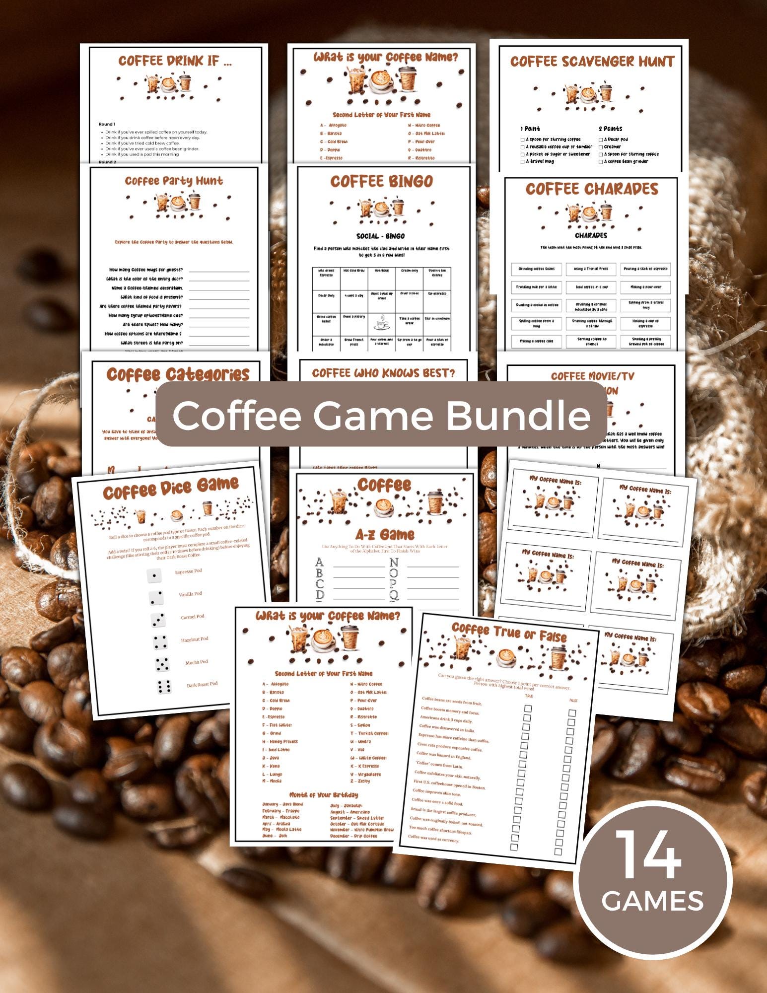 Kaffeespiele Bundle: Druckbare Cafe Party Aktivitäten (PDF Download)