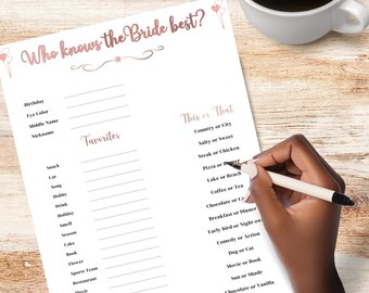 ¿Quién conoce mejor a la novia?, Juegos para despedidas de soltera, ¿Qué tan bien conoces a la novia?, Juego imprimible para despedidas de soltera, Trivia para despedidas de soltera, Cuestionario para la novia.