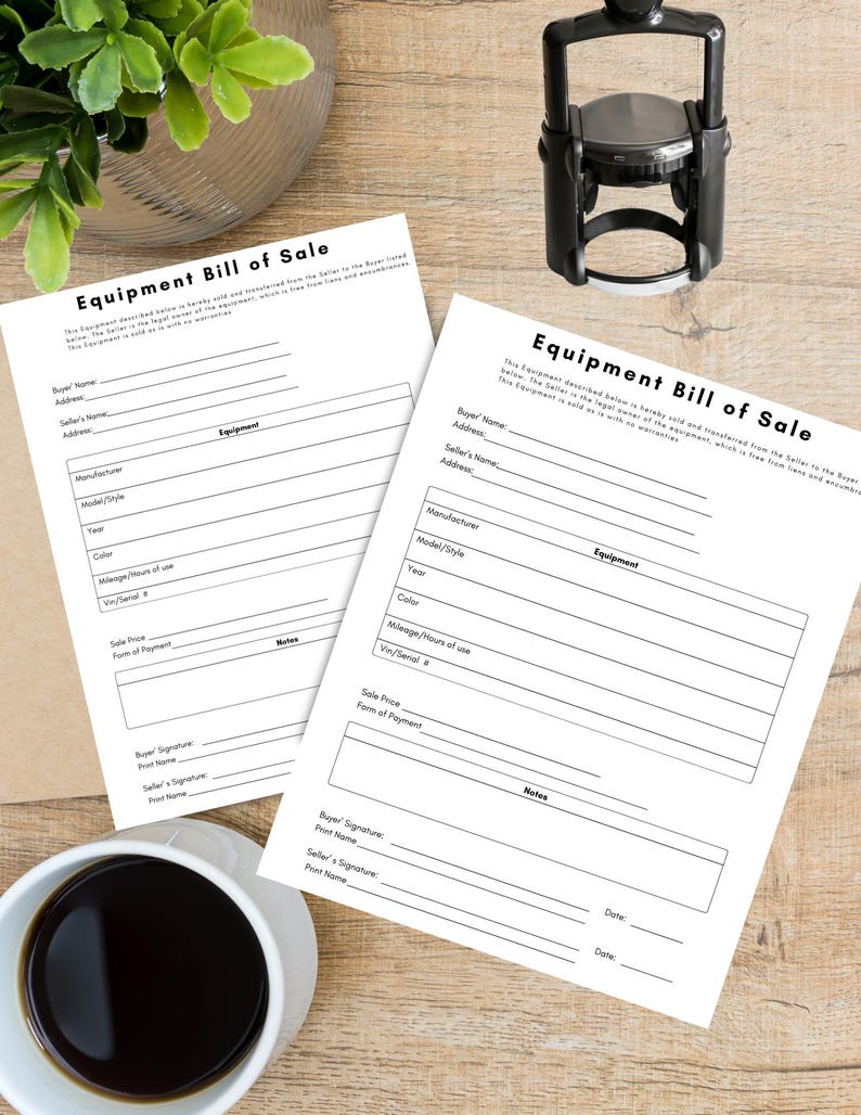 Equipment Bill of Sale, Printable Equipment Sale Contract, Sale