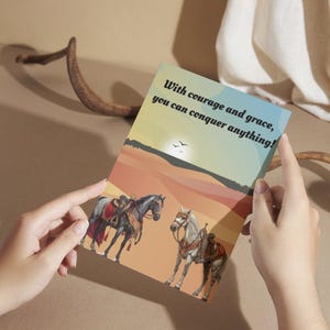 Carte cheval, carte d'encouragement sur le thème équestre, voeux d'encouragement sur le thème du cheval, affirmations équestres, empreintes de sabots de positivité