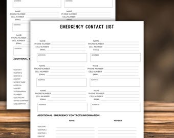 May include: Two white paper sheets with the text "EMERGENCY CONTACT LIST" printed in black. The sheets have sections for contact information, including name, phone number, email, and address. Additional sections are for emergency contacts.